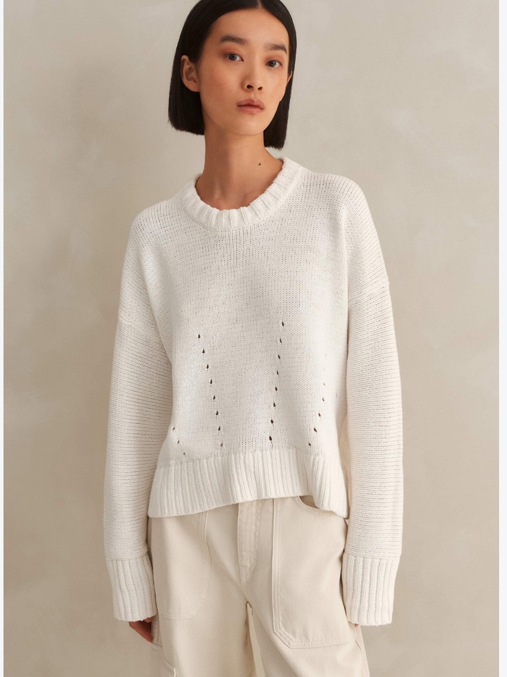 Me + Em Sweater Chunky Cotton Curved Hem Crewneck in Natural White Size XS